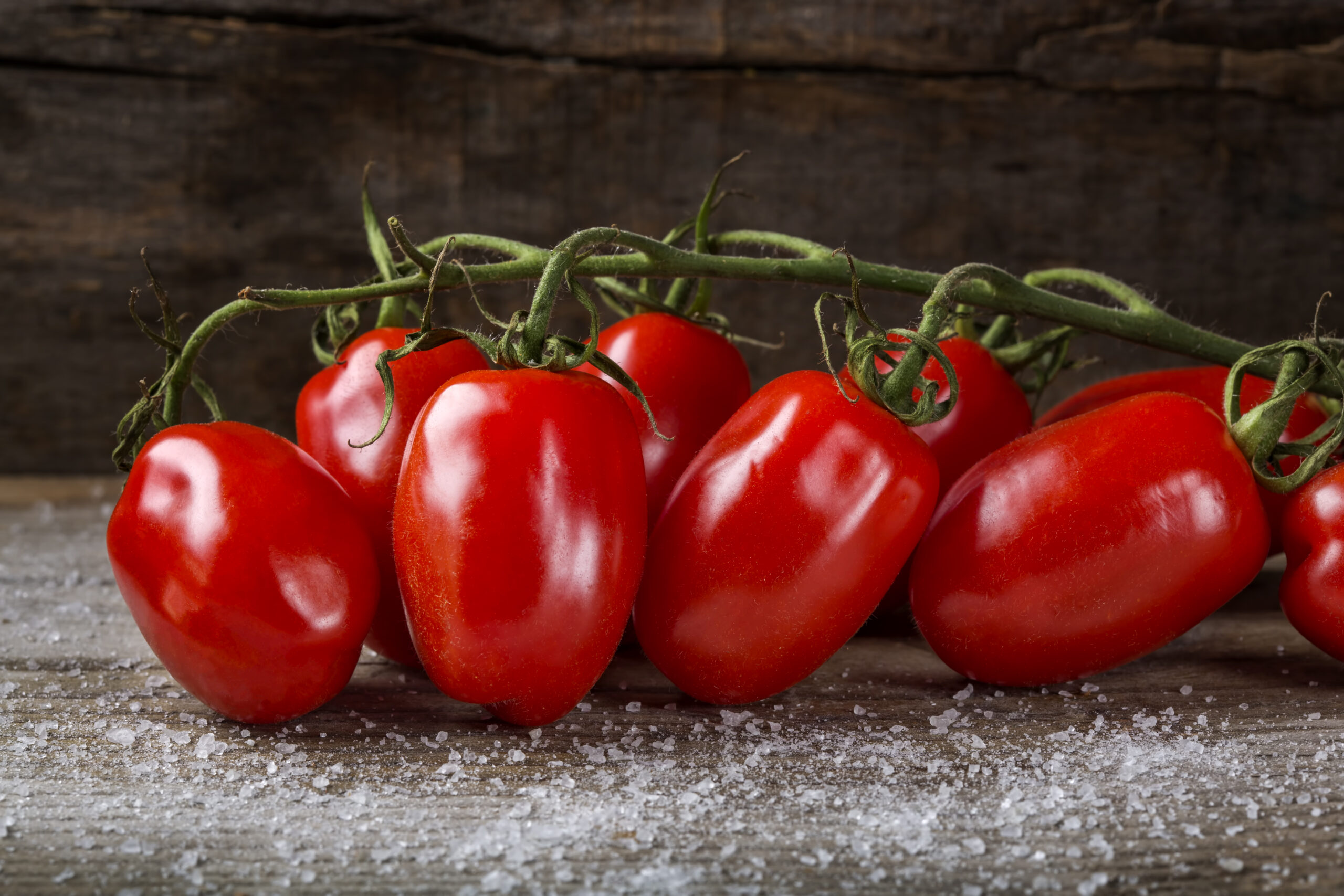 Organic cherry tomatoes with salt on wood